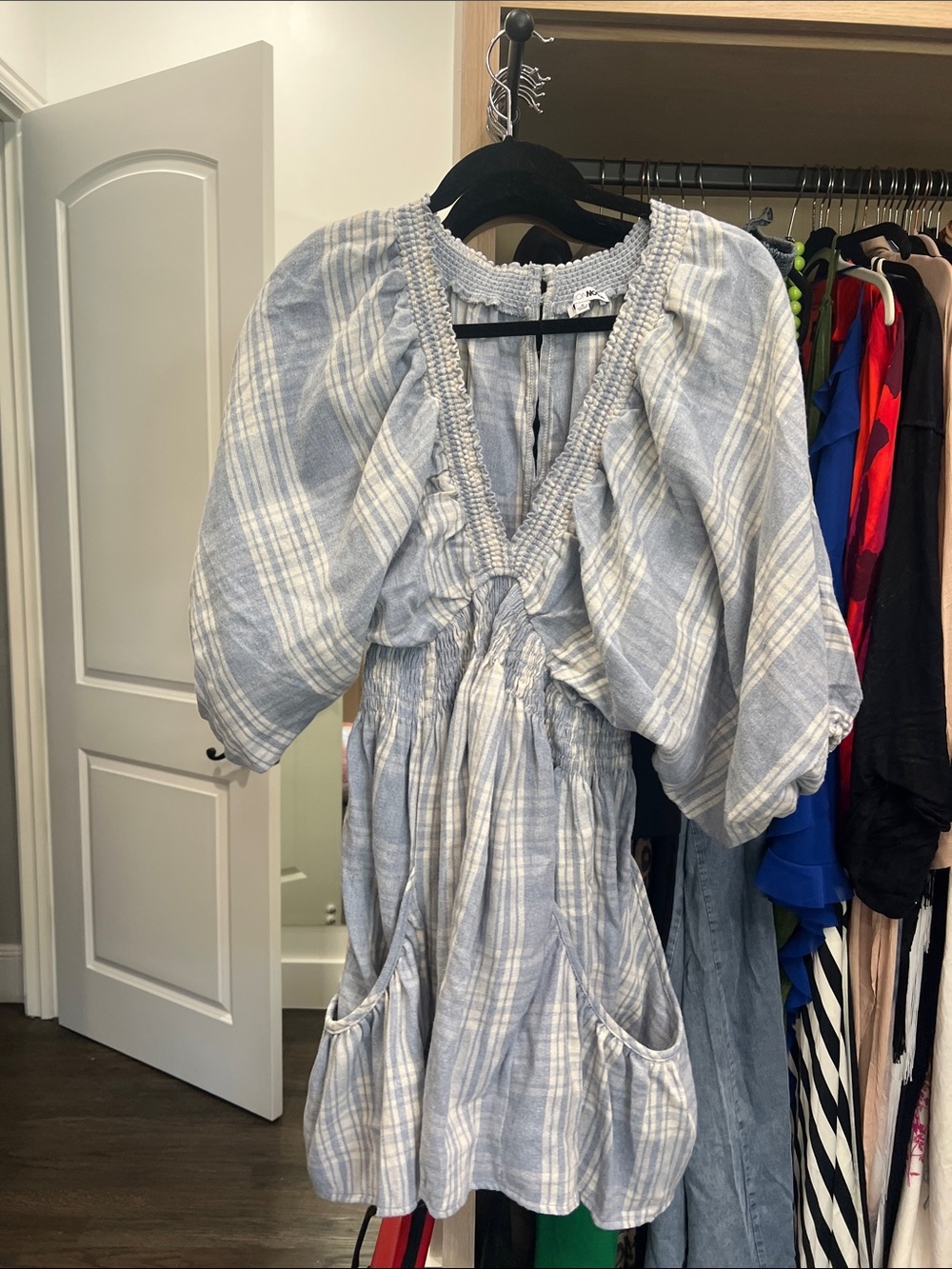 Fashion Nova Blue and White Plaid Puff-Sleeve Dress for Girls